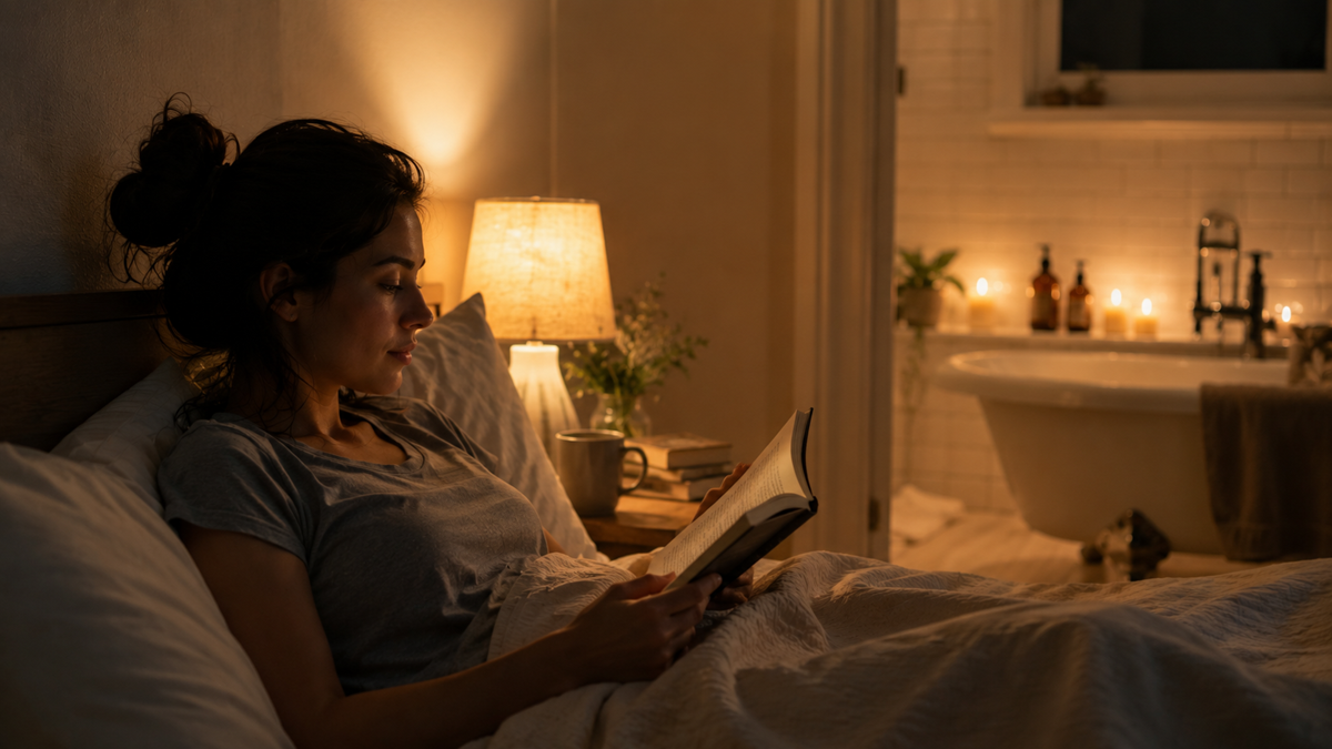 A woman reads a book in bed beside a lit lamp. The cozy bedroom has soft lighting and a view into a warmly lit bathroom with candles near a bathtub.