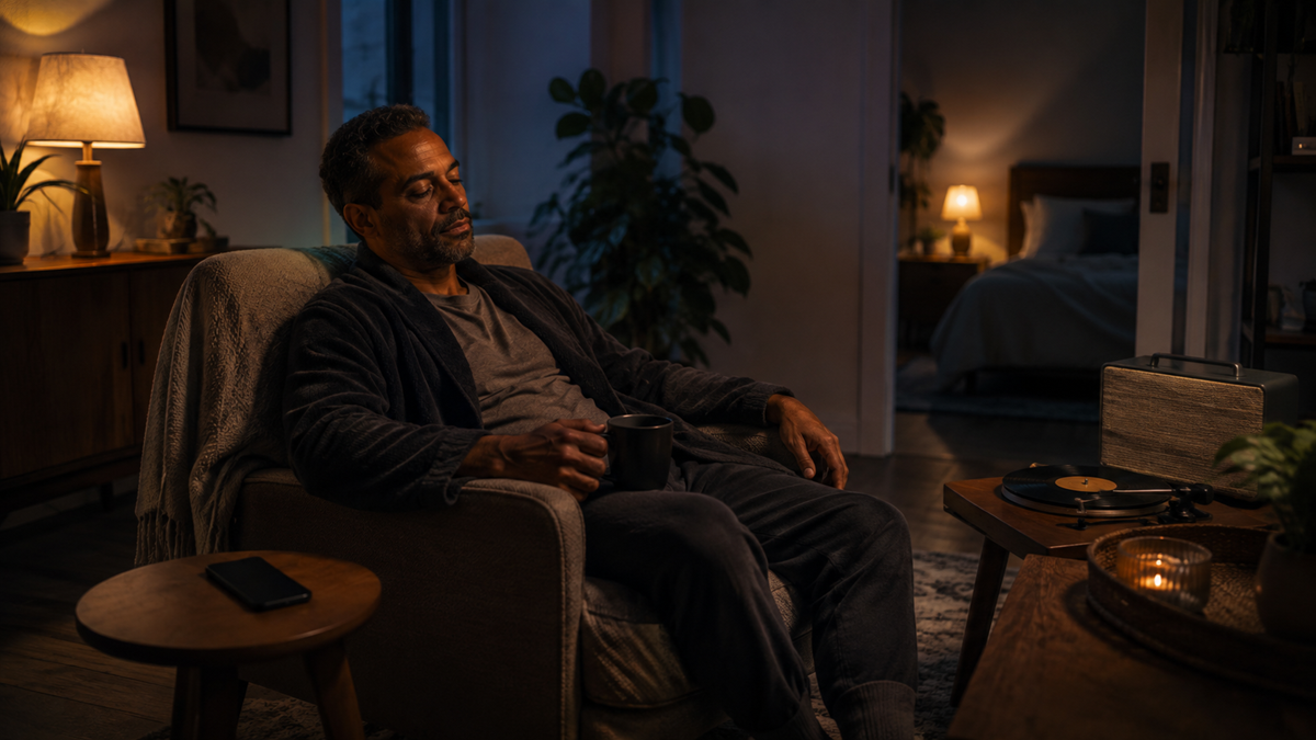 A man in loungewear sits in an armchair, eyes closed, holding a mug. The room is dimly lit with warm lamps, a record player on the table, and a cozy bedroom visible in the background.