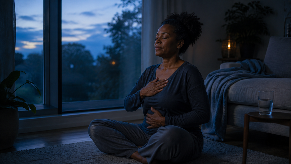 A woman sits cross-legged indoors at dusk, eyes closed, with one hand on her chest and one on her abdomen, appearing to practice deep breathing or meditation. A glass of water and a blanket are visible nearby.