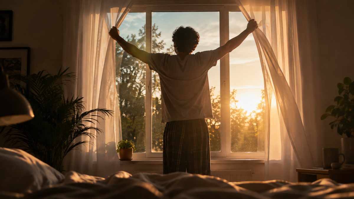 A person in pajamas stands by a bed, pulling open white curtains to reveal sunlight streaming through a window with trees outside, creating a warm and inviting morning atmosphere.