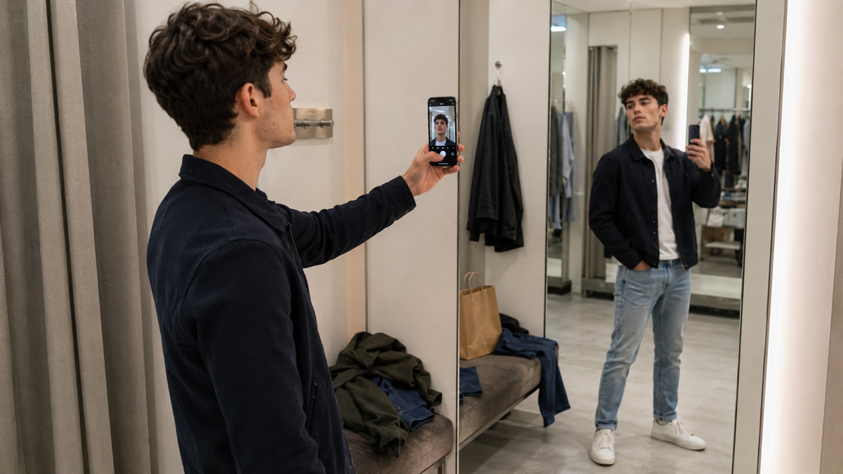 A young man stands in front of a mirror taking a selfie with his phone in a clothing store’s fitting room, wearing casual clothes with a shopping bag and clothes on the bench behind him.