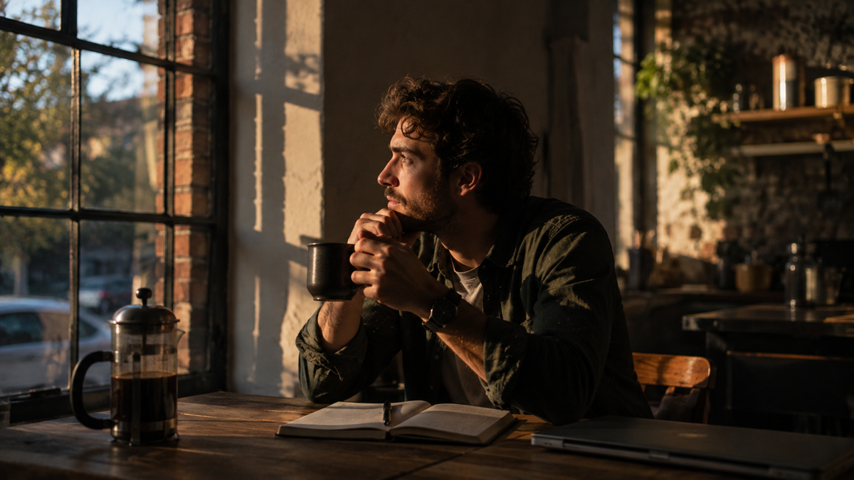 A man sits at a wooden table in a cozy café, holding a mug and gazing out the window. Sunlight streams in, illuminating a French press, an open notebook, and a laptop on the table.