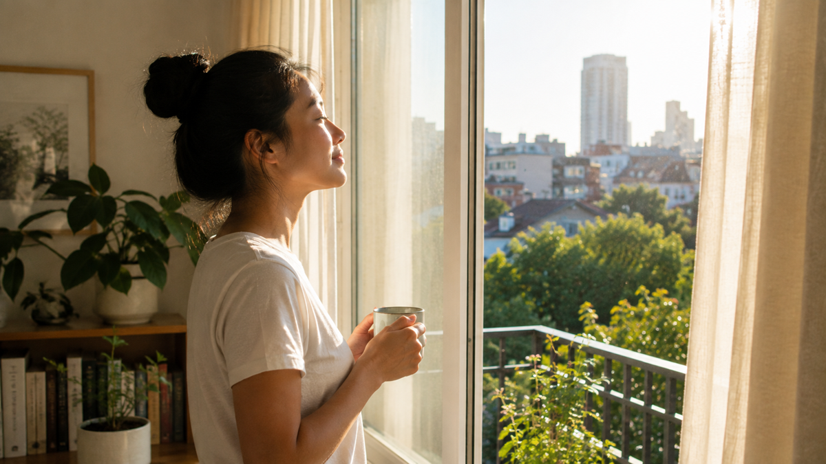 A woman stands by a sunlit window, holding a mug and enjoying the morning light. Lush plants, books, and a cityscape with tall buildings are visible in the background.