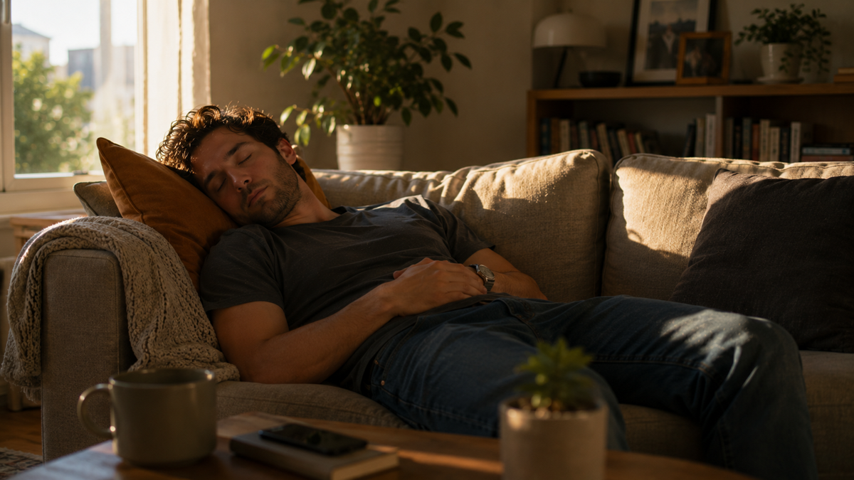A man naps on a beige couch with a brown pillow, a cozy blanket, and a coffee cup on the table nearby. Sunlight fills the room, and a plant and bookshelf are in the background.
