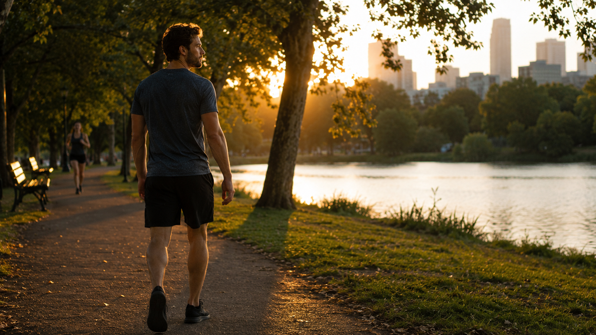 A man walks along a lakeside path at sunset, with city buildings in the background and trees lining the walkway.