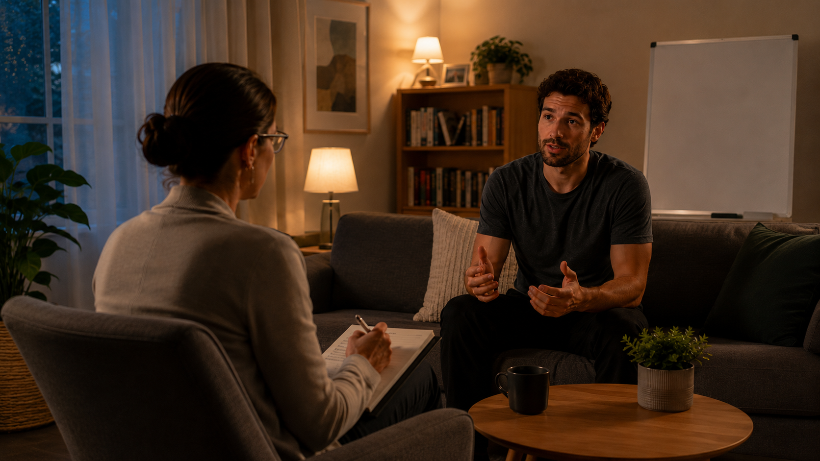 A man sits on a couch talking to a woman taking notes in a cozy, softly lit room with bookshelves, a whiteboard, and plants, suggesting a therapy or counseling session.
