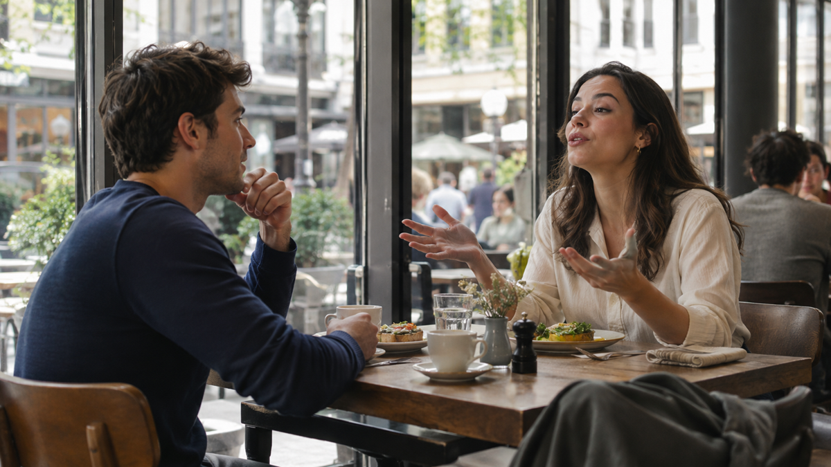 A man and woman sit at a café table with food and drinks, having an animated conversation by large windows with a view of people outside.