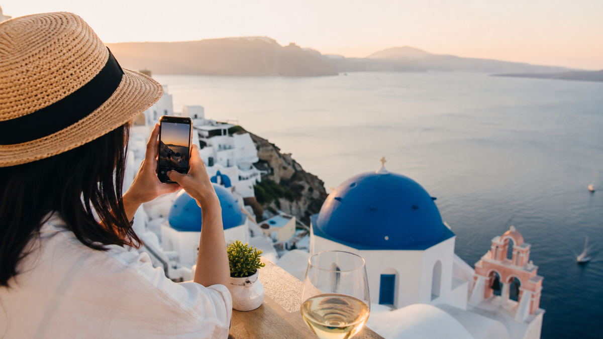 A person in a straw hat takes a photo of Santorini’s blue-domed buildings at sunset, overlooking the sea, with a glass of wine and a small potted plant on the ledge in front of them.