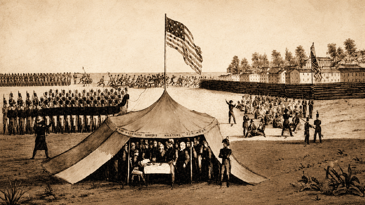 Sepia-toned illustration of a military camp with soldiers in formation, an American flag flying over a large tent, and officers gathered around a table. Buildings and trees appear in the background.