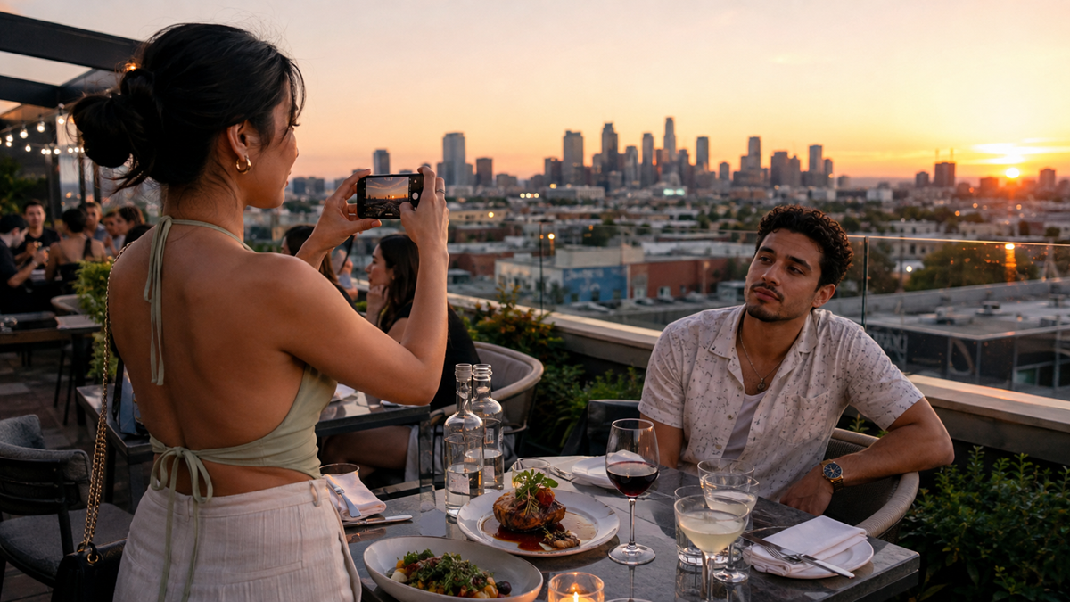 A woman takes a photo of a man seated at a rooftop restaurant at sunset, with the city skyline in the background and various dishes and drinks on the table.