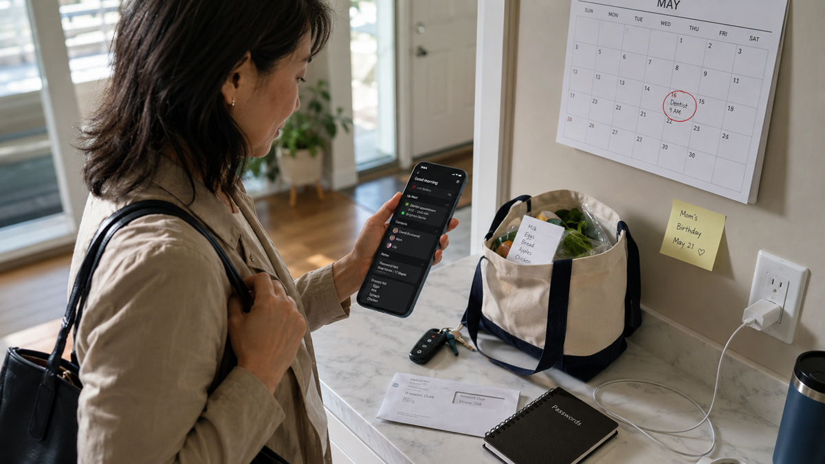 A woman holding a smartphone stands by a counter with a tote bag of groceries, mail, and a planner. A wall calendar shows May with a date circled.