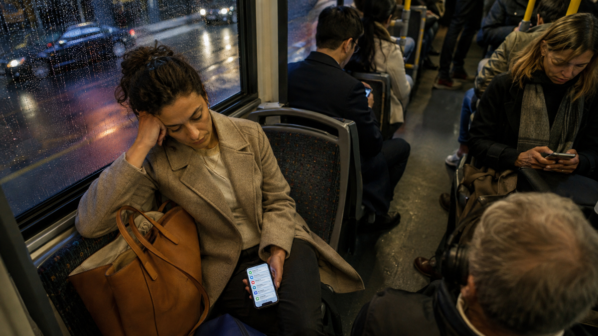 A woman sits on a bus, resting her head on her hand and looking tired. She holds a phone with messaging apps open. Other passengers, some using phones, sit around her. Rain is visible on the window outside.