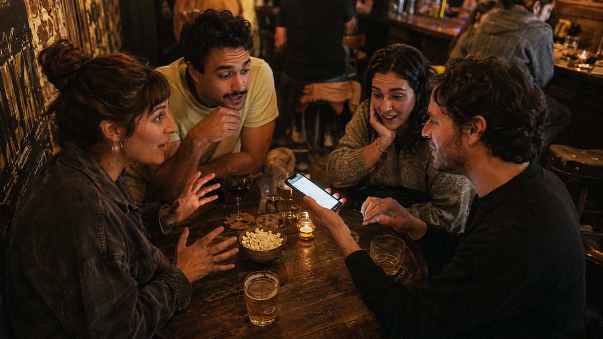 Four friends sit around a table at a bar, talking and laughing. One person shows something on their phone to the group. There are drinks and a bowl of popcorn on the table. The setting is warm and cozy.