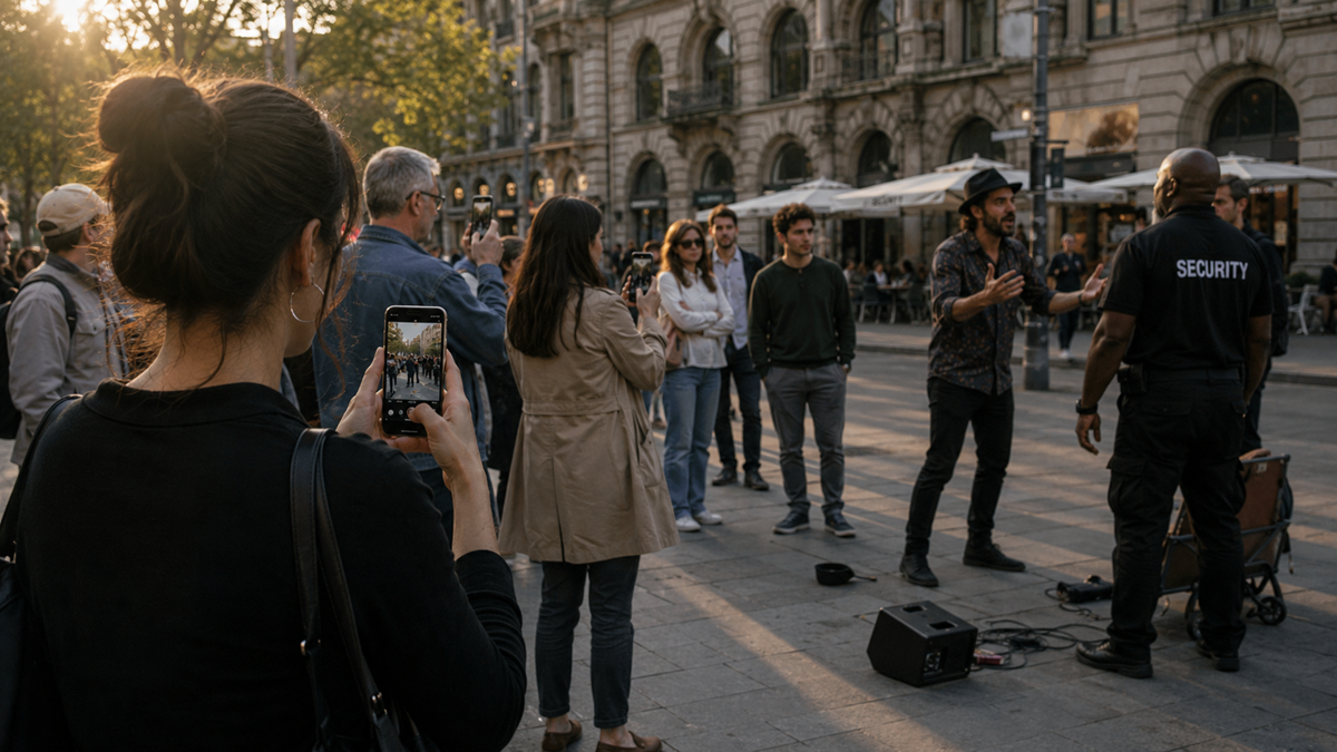 A street performer gestures while talking to a security guard as a small crowd watches and records the scene with their phones on a city street in the evening.
