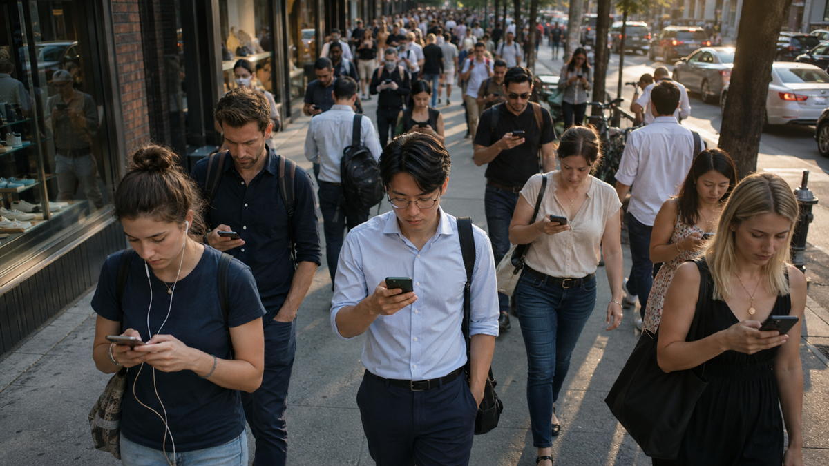 A group of people walk down a busy city sidewalk, most of them looking down at their smartphones and not paying attention to their surroundings.