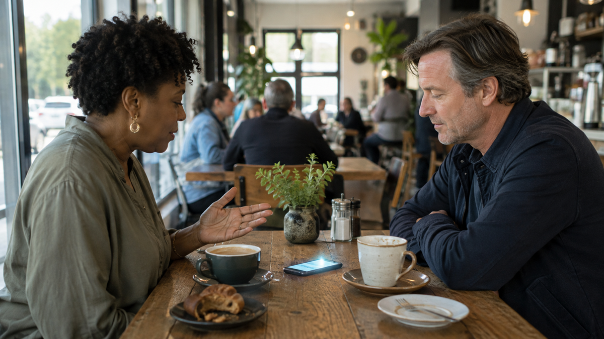 Two people sit across from each other at a cafe table, having a serious conversation over coffee. A smartphone with a glowing screen and a small plant are on the table between them.