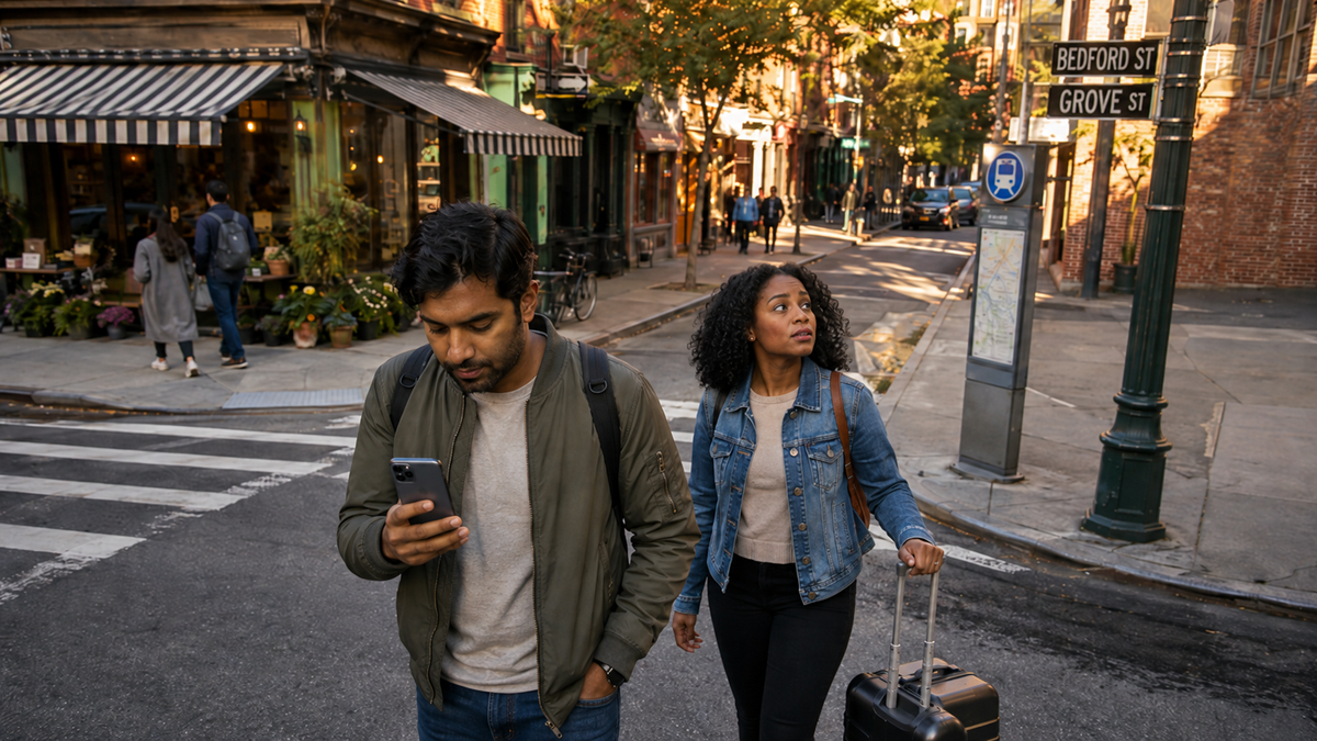 A man looks at his phone while walking across a city street; a woman with a suitcase walks behind him, glancing up. Buildings, plants, and a street sign for Bedford St and Grove St are visible.