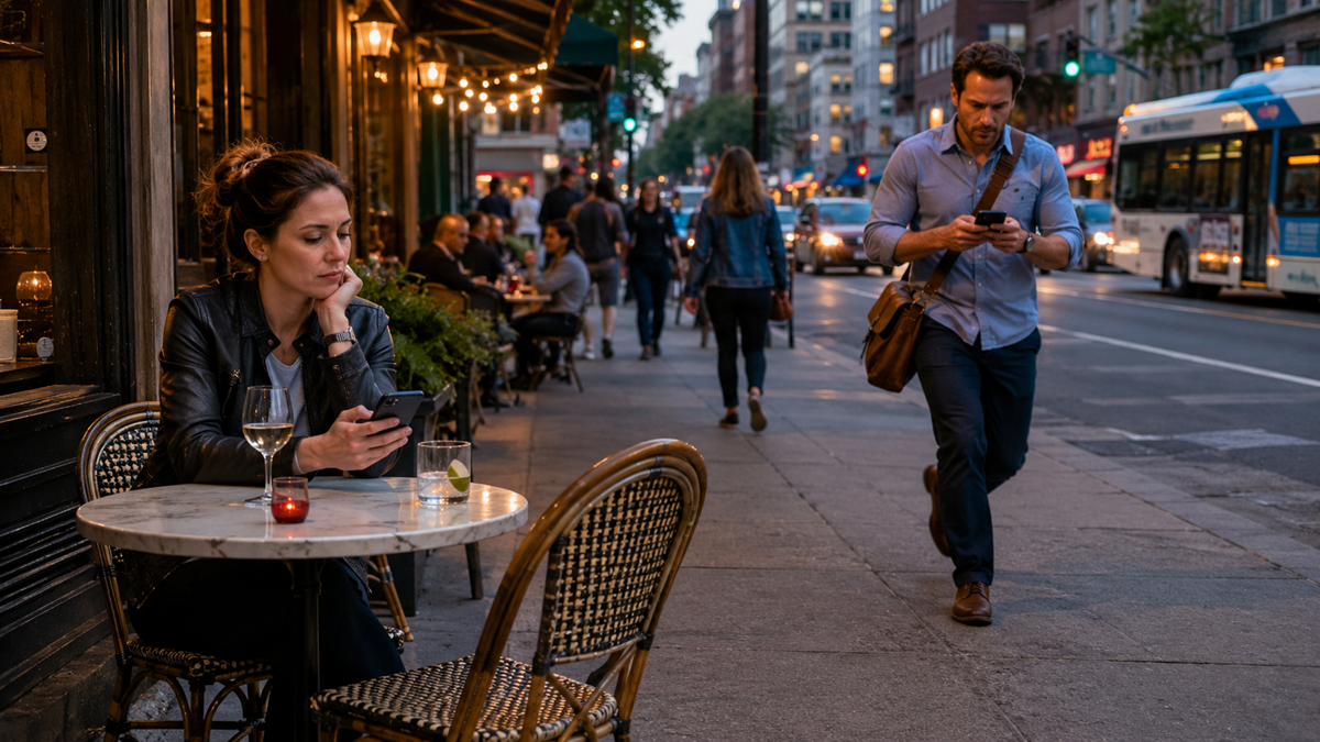 A woman sits alone at an outdoor café table looking at her phone, while a man walks down the sidewalk also using his phone; city street and evening light in the background.