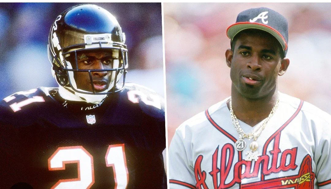 Side-by-side photos: On the left, a football player in a black Falcons helmet and jersey number 21. On the right, a baseball player in an Atlanta Braves uniform and hat, wearing gold chains and a number 21 necklace.