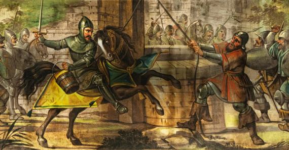 A knight on horseback battles a soldier with a spear in front of a castle, while other armored soldiers watch and fight in the background. War