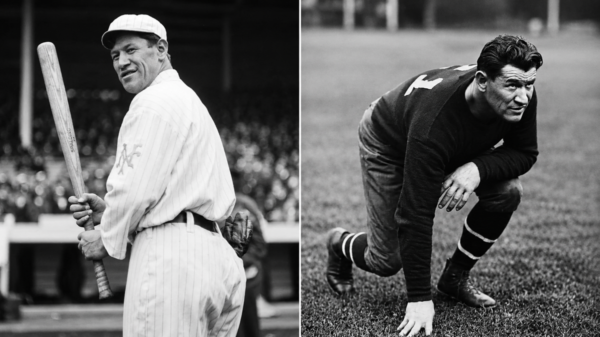 Split image: Left, a vintage baseball player in a striped uniform holding a bat. Right, a vintage football player in dark attire crouches on the field, one hand on the ground, looking forward. Both images are black and white.
