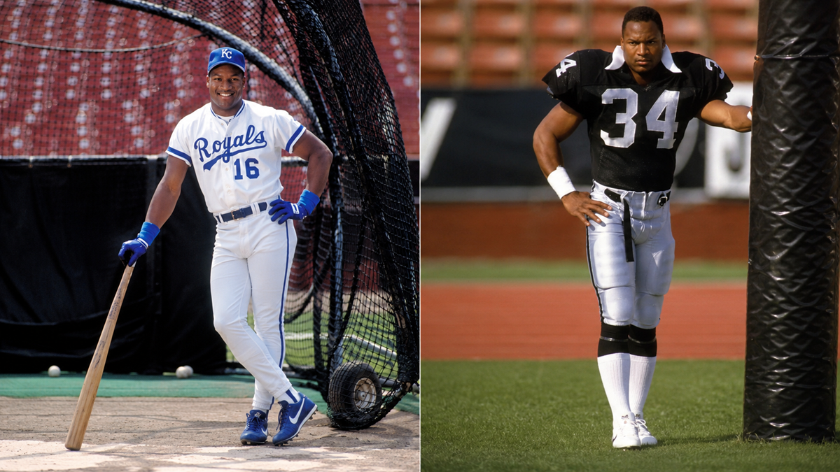 Split image: Left, a baseball player in a Royals uniform holds a bat and smiles by a batting cage. Right, a football player in a Raiders uniform and helmet rests his arm on a goalpost. Athlete.