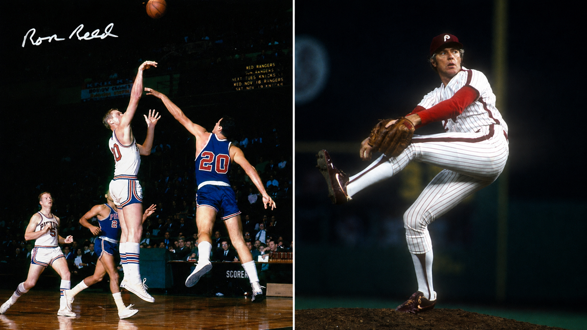 Split image: Left, a basketball player shoots as another defends. Right, a baseball pitcher in a Phillies uniform winds up on the mound at night. Signature “Ron Reed” appears at the top left.