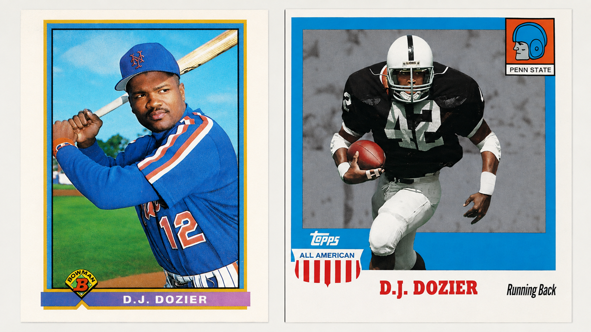 Two trading cards feature D.J. Dozier: one shows him in a New York Mets baseball uniform holding a bat; the other shows him in a Penn State football uniform running with a football.