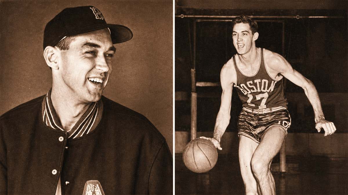 A sepia-toned split image: on the left, a smiling man in a baseball cap and jacket; on the right, the same man in a vintage Boston Celtics basketball uniform dribbling a basketball indoors.