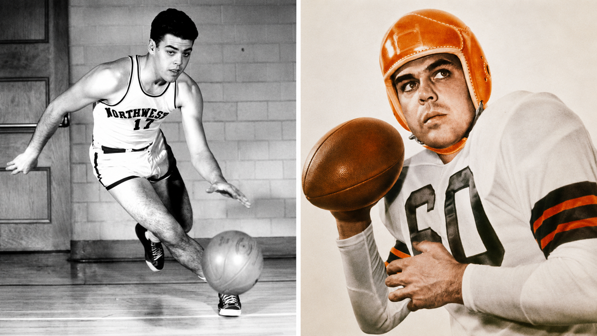 Split image: Left, a basketball player in a “Northwest” uniform dribbles a ball. Right, a football player in an orange helmet and number 60 jersey holds a football, looking determined.