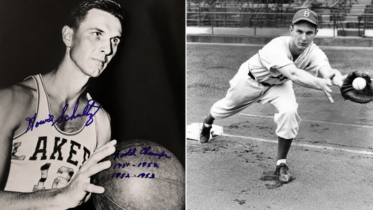 A black-and-white photo split: left shows a basketball player holding a ball, wearing a Lakers jersey; right shows a baseball player in mid-action, reaching with a glove to catch a ball.