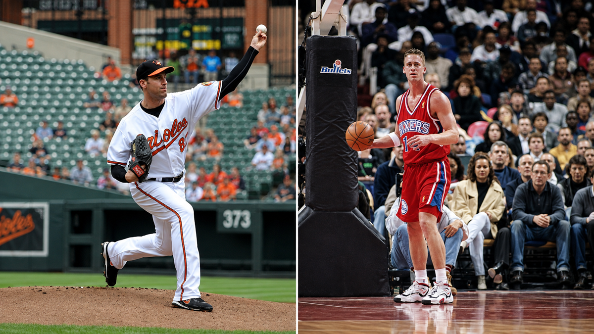 A split image shows a baseball pitcher in a white Orioles uniform on the left and a basketball player in a red 76ers uniform dribbling the ball on the right.