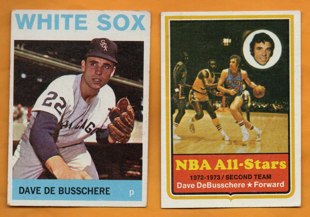 Two vintage trading cards of Dave DeBusschere: one features him as a Chicago White Sox baseball player, the other as an NBA forward for the New York Knicks, dribbling a basketball during a game.