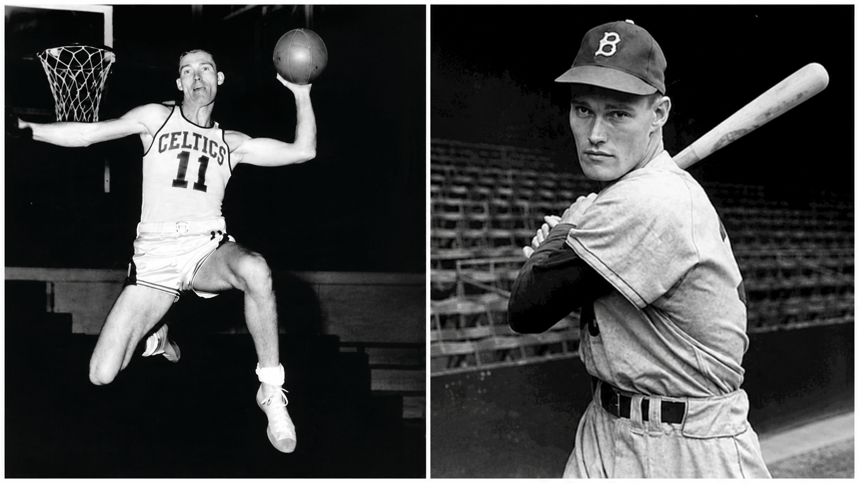 Split image: Left, a basketball player in a Celtics uniform jumps toward a hoop holding a ball. Right, a baseball player in a “B” cap holds a bat, standing in a stadium with empty seats visible behind him.