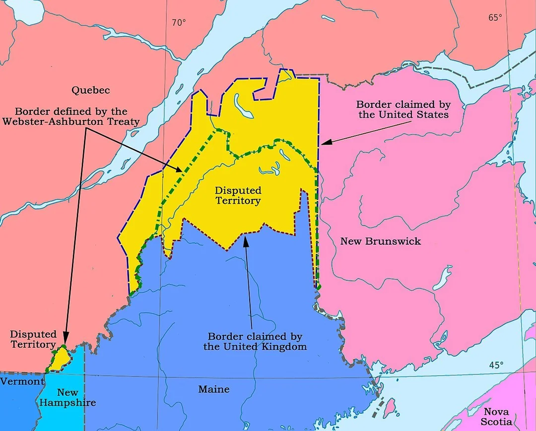 A map shows disputed territory between the United States and United Kingdom in northern Maine and New Brunswick, highlighting borders, claims, and regions affected by the Webster-Ashburton Treaty.