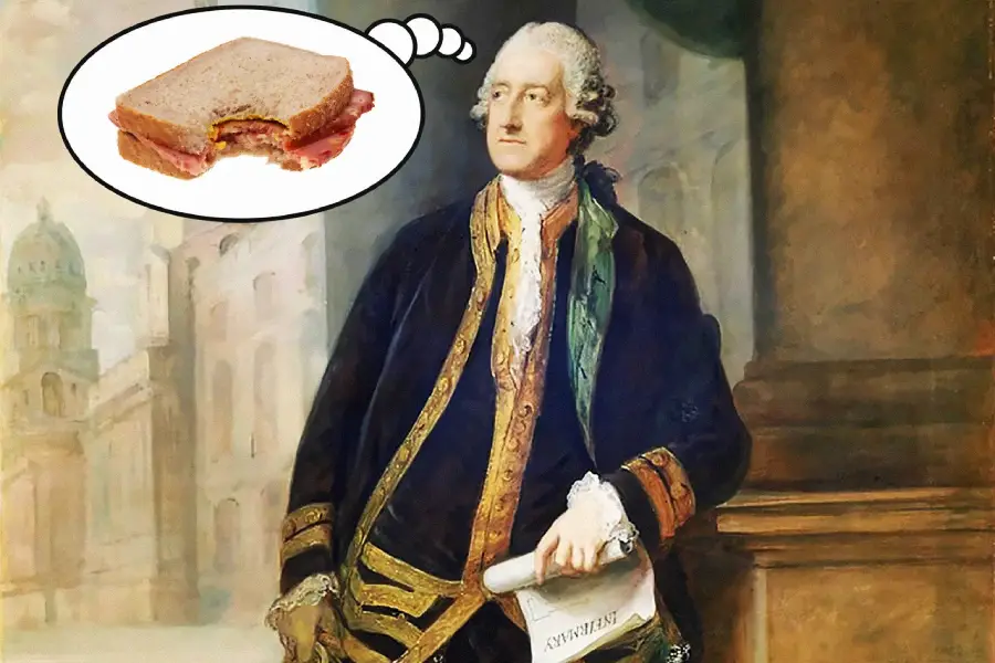 A painting of a historical figure in old-fashioned clothing with a thought bubble above his head showing a sandwich.