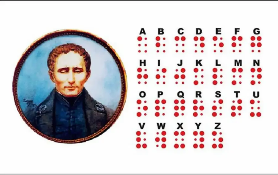 Portrait of a man on the left and the Braille alphabet on the right, showing raised dot patterns for each letter from A to Z.