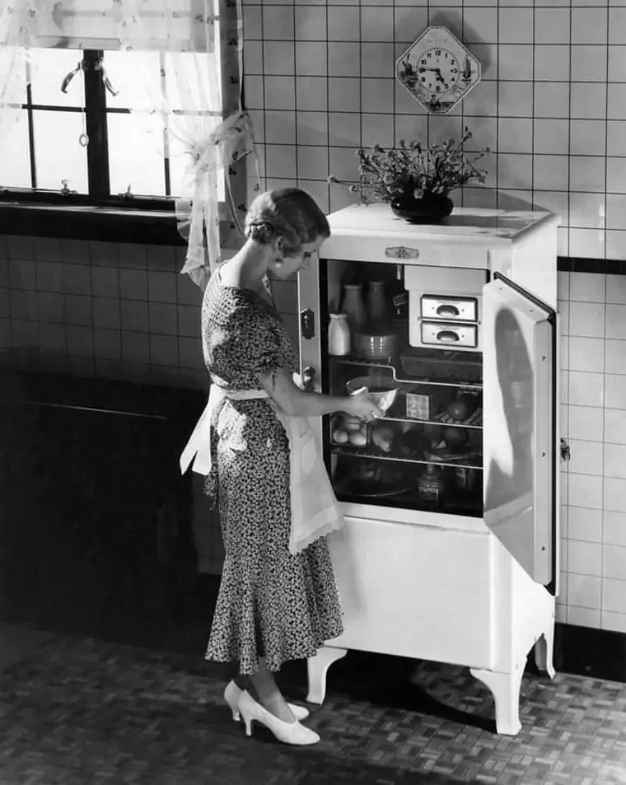 A woman in a patterned dress and apron stands in a tiled kitchen, looking into an open vintage refrigerator filled with food and bottles. A plant and clock sit on top of the fridge.