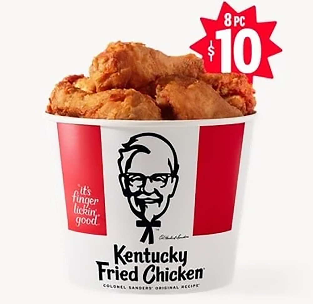 A bucket of KFC fried chicken with the Colonel Sanders logo, featuring 8 pieces for $10, and the slogan “It’s finger lickin’ good” on the side.