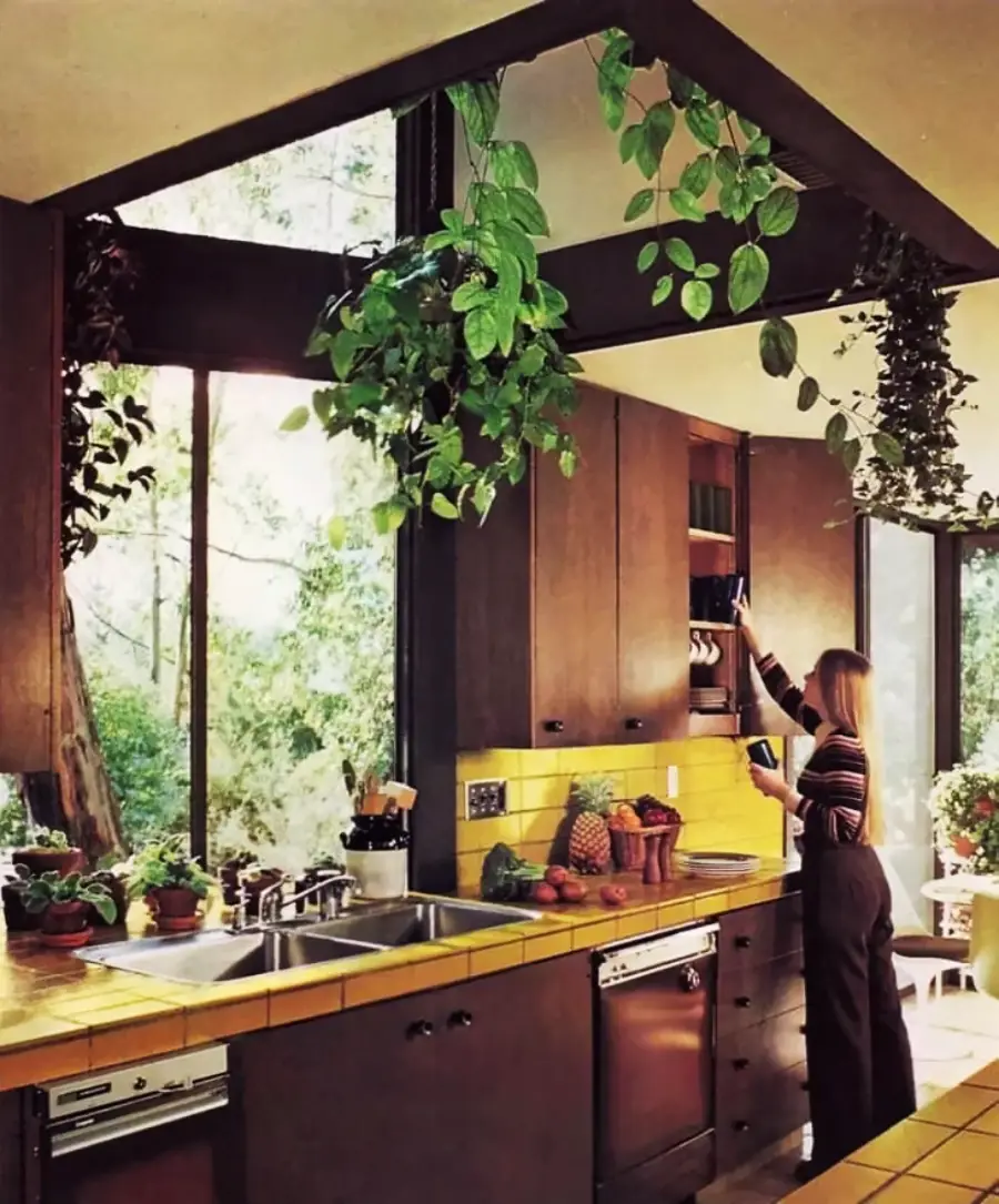 A woman reaches for a mug in a retro kitchen with dark wood cabinets, yellow tile counters, and abundant plants hanging from the ceiling. Large windows reveal lush greenery outside.