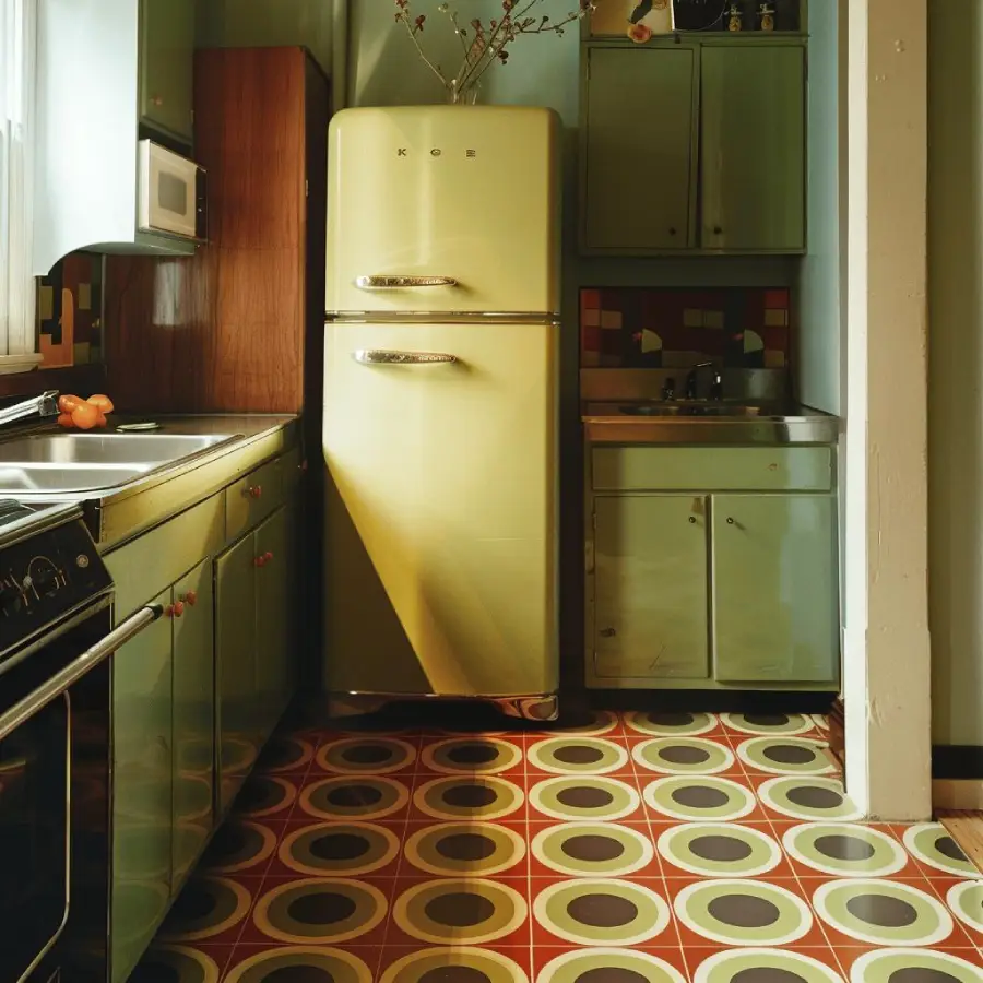 Retro kitchen with a yellow fridge, green cabinets, patterned red and brown circular floor, small sink, and a microwave on a wooden shelf. Light streams in through a window on the left.