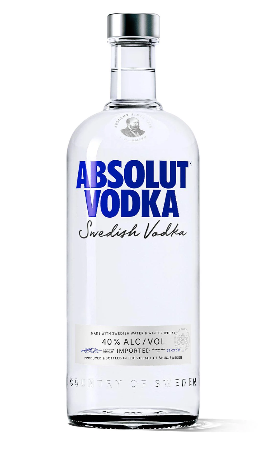 Clear glass bottle of Absolut Vodka with blue and silver label displaying “Absolut Vodka Swedish Vodka.” Bottle shows 40% alcohol by volume and “Imported” text near the bottom.