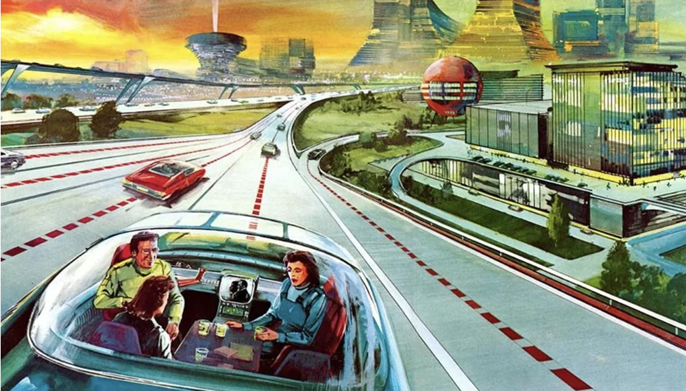 A retro-futuristic illustration shows three people relaxing in an autonomous car on a sleek highway, surrounded by modern architecture, with flying vehicles and unusual buildings in the background.
