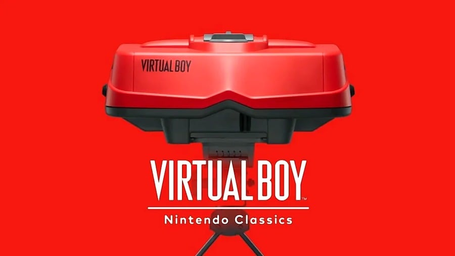 A red Nintendo Virtual Boy console on a tripod stand, with “VIRTUAL BOY” and “Nintendo Classics” text in white over a bright red background.