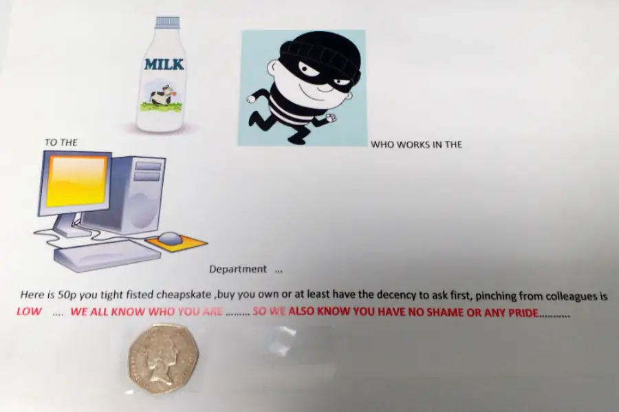 A printed note with images of a milk bottle, cartoon burglar, and computer. The note humorously accuses a colleague of stealing milk at work, with a coin placed on the paper. Some text is in bold red for emphasis.