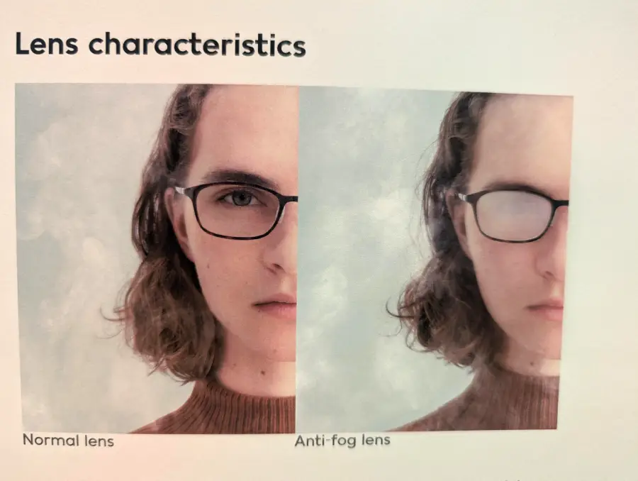 A person wearing glasses. The left side shows clear lenses labeled “Normal lens.” The right side shows fogged lenses labeled “Anti-fog lens.” Only half of the person’s face is visible on each side.
