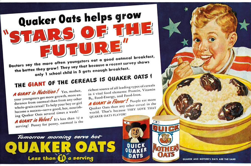 A vintage Quaker Oats ad shows a smiling boy about to eat a bowl of oatmeal topped with fruit and cream, with colorful cereal cans and bold text promoting breakfast benefits.