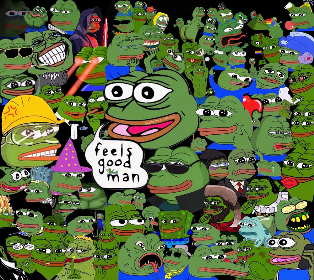Collage of various Pepe the Frog memes, each with different expressions, outfits, and scenarios, including wizard, construction worker, crying, smiling, and wearing sunglasses. Central Pepe says “feels good man.”