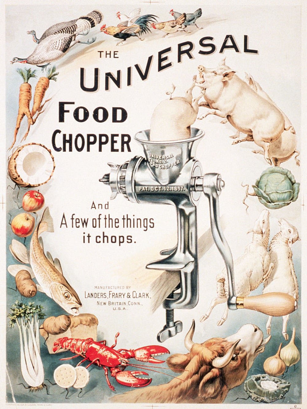 Vintage advertisement for the Universal Food Chopper featuring a food grinder surrounded by chopped vegetables, meat, fish, and a lobster, with illustrated animals and food swirling around the chopper.