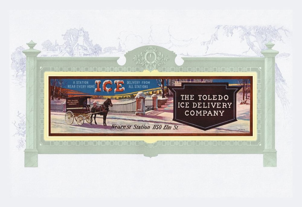 Vintage-style sign for “The Toledo Ice Delivery Company,” showing a horse-drawn cart on a snowy street, advertising ice delivery with the address 1150 Elm St.